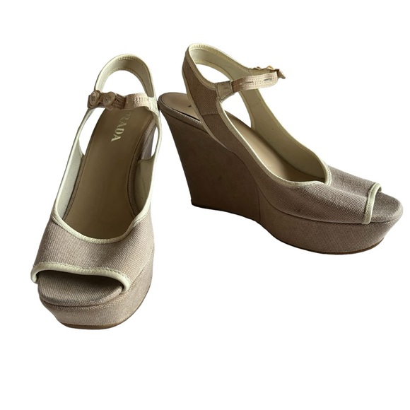 PRADA WEDGE CANVAS SHOES BEIGE OPEN TOE 36-6 - Picture 2 of 9